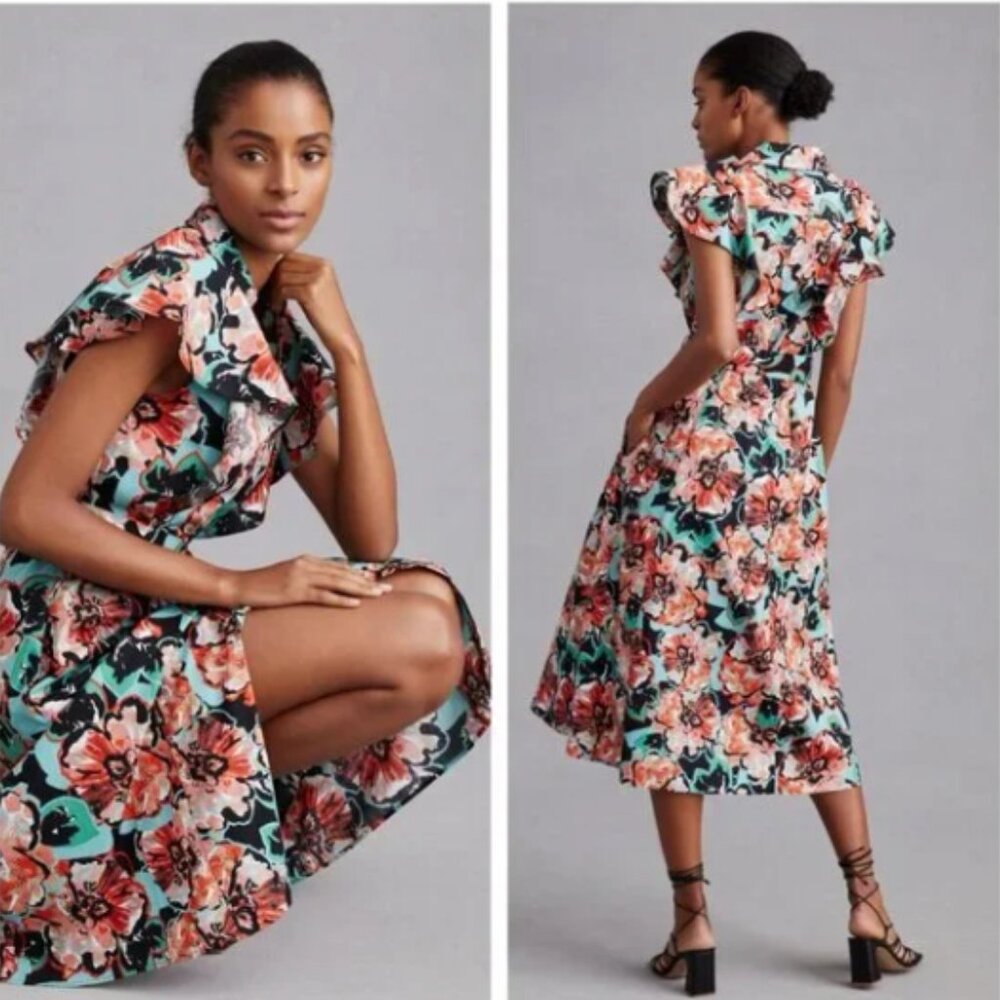 Maeve Anthropologie Floral Shirt Midi Dress Small Flutter Sleeve Belt Boho Art
